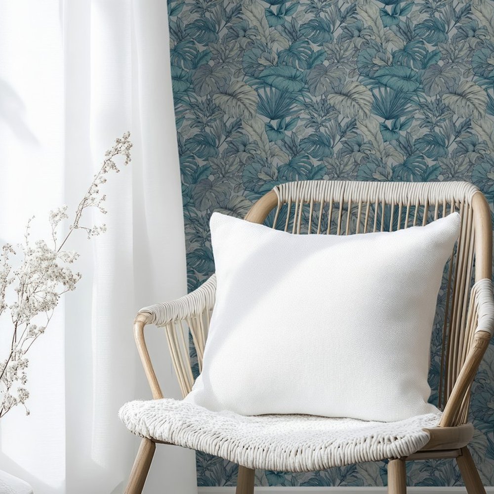 Masud Blue - Papiers peints - Bleu - Chambre - Feuille - in between - Intissé