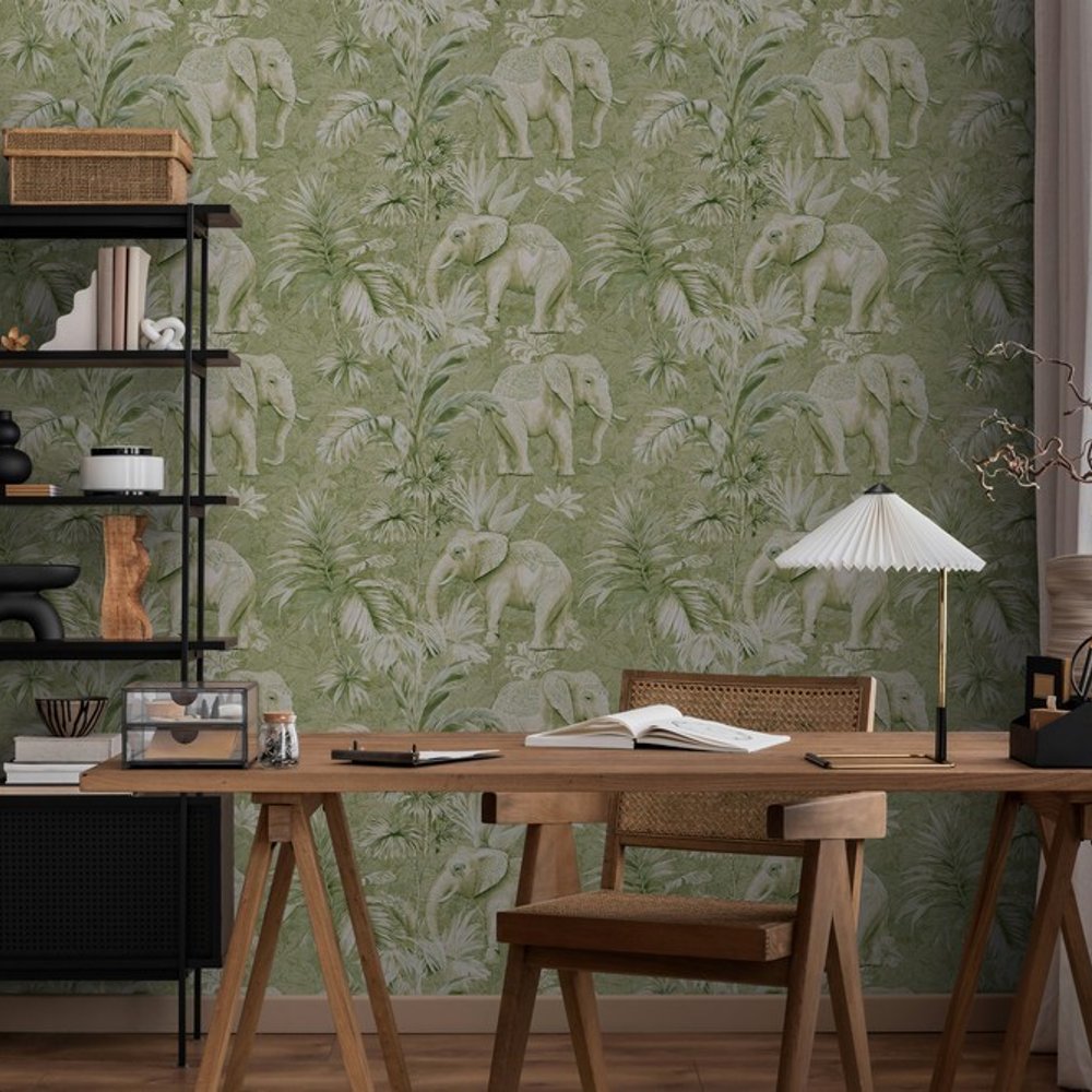 Hakim Green - Wallpaper - Green - Office - Animal - Blue Monkey - Non-Woven