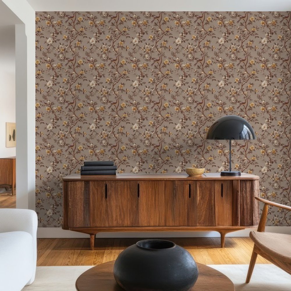 Taina Brown - Wallpaper - Brown - Living room - Birds - September - Non-Woven