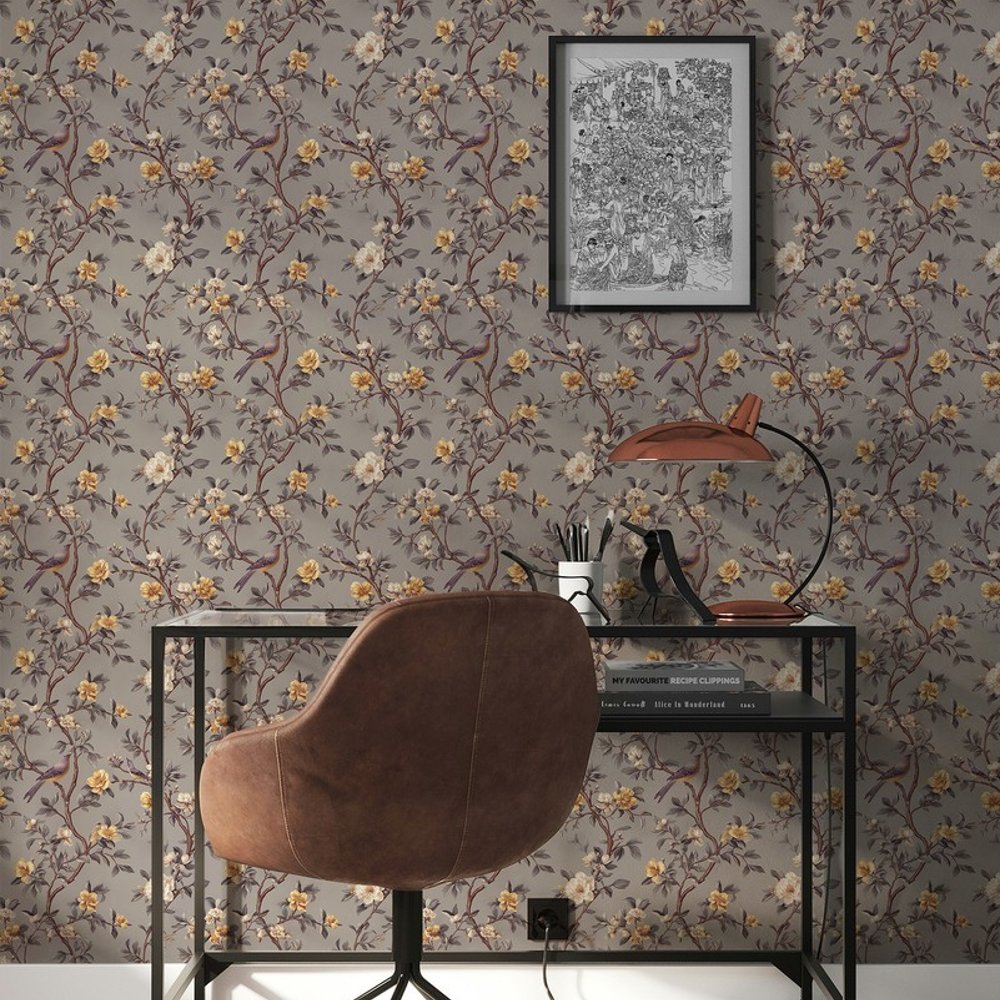 Taina Grey - Wallpaper - Grey - Kitchen - Birds - September - Non-Woven