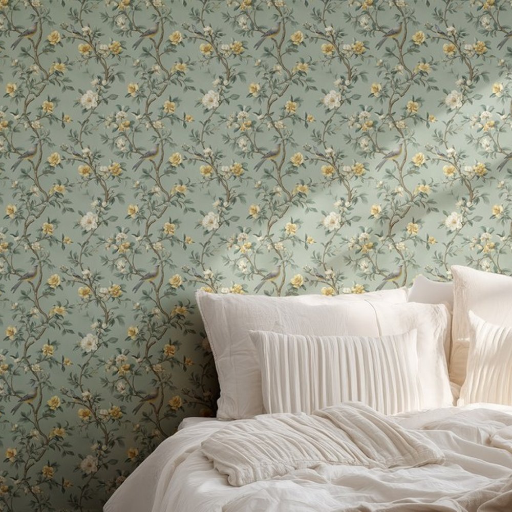 Taina Green - Wallpaper - Green - Bedroom - Birds - September - Non-Woven