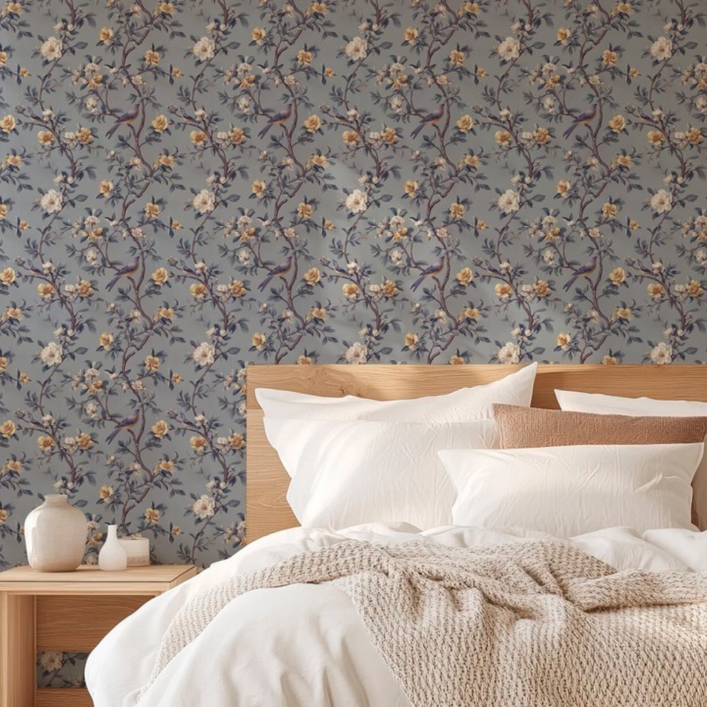 Taina Blue - Wallpaper - Blue - Hallway - Birds - September - Non-Woven