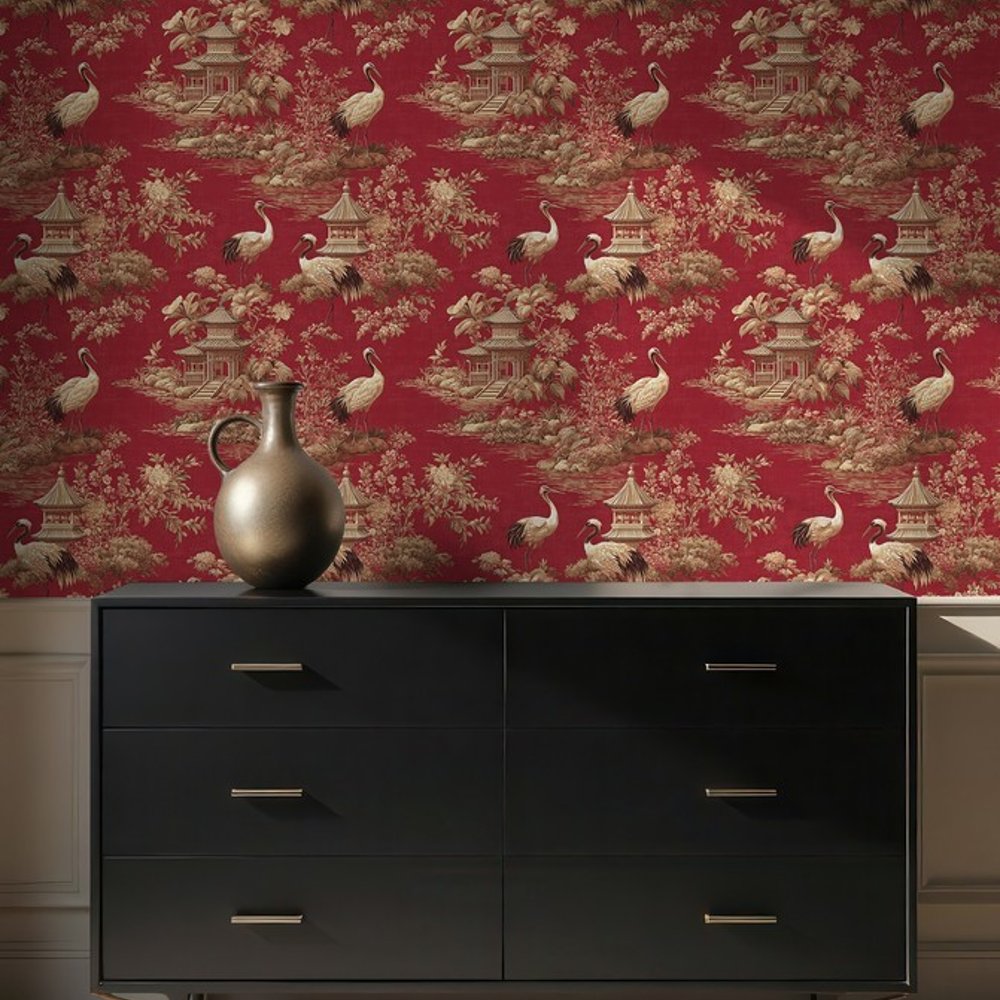 Samir Red - Wallpaper - Red - Hallway - Birds - Blue Monkey - Non-Woven