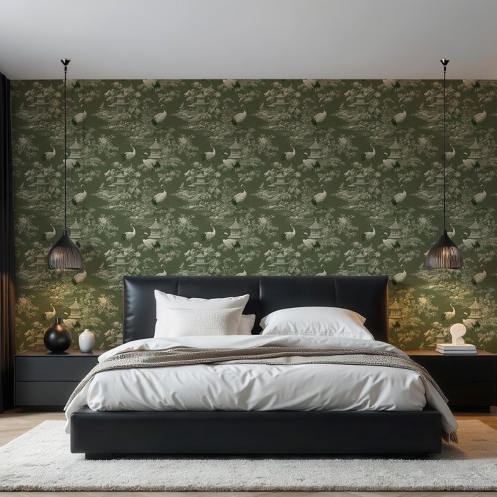 Samir Green - Wallpaper - Green - Living room - Birds - Blue Monkey - Non-Woven