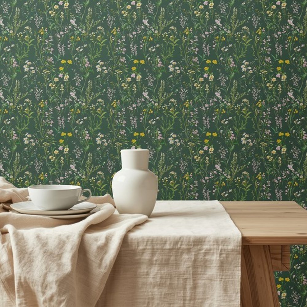 Gunnel Dark Green - Papiers peints - Vert - Salon - Floral - Scandza - Intissé