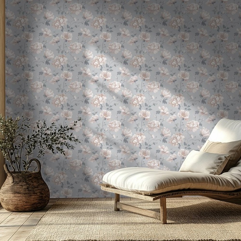 Denise Light Grey - Papiers peints - Gris - Salon - Floral - Scandza - Intissé