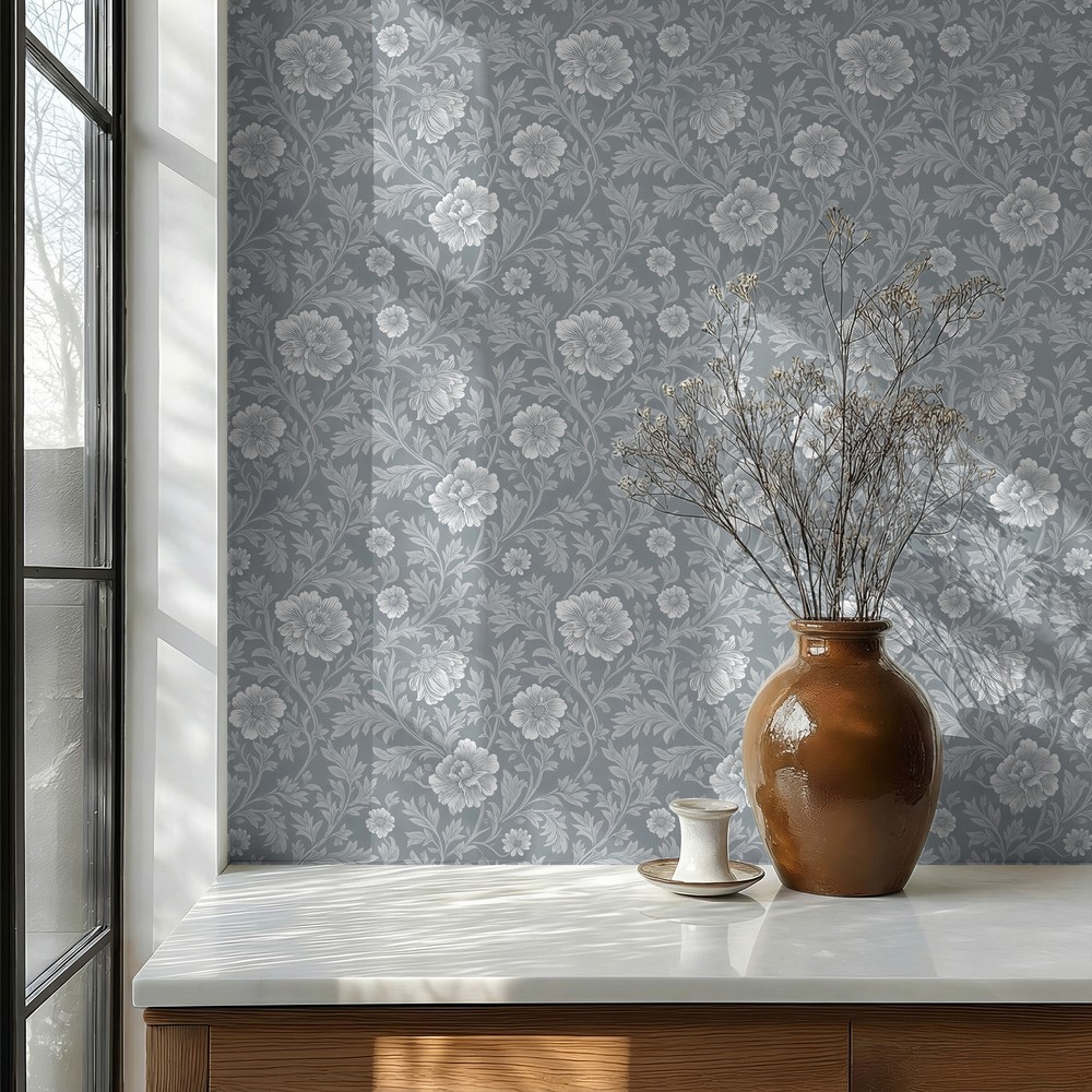 Chantelle Light Grey - Papiers peints - Gris - Salon - Floral - Scandza - Intissé