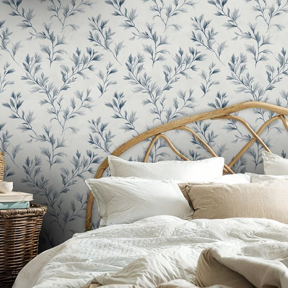 Jesper Blue - Papiers peints - Bleu - Chambre - Feuille - Scandza - Intissé