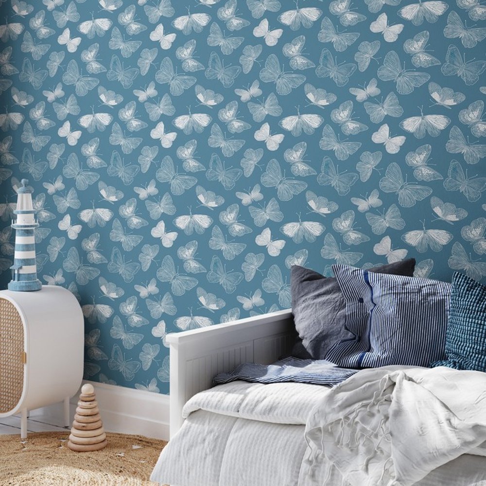 Anders Light Blue - Tapet - Blå - Børneværelse - Sommerfugle - Wallpassion Kids - Non-Woven