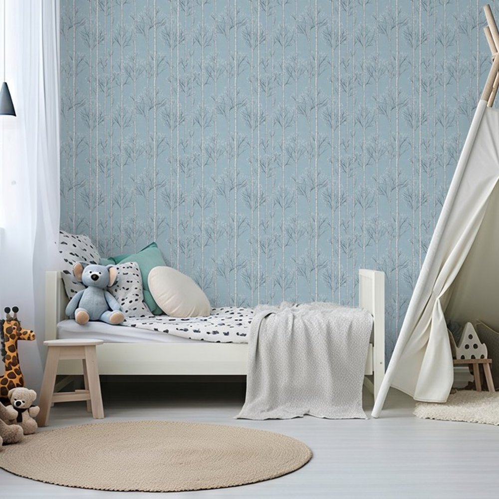 Benny Denim Blue - Tapet - Blå - Børneværelse - Træ - Wallpassion Kids - Non-Woven