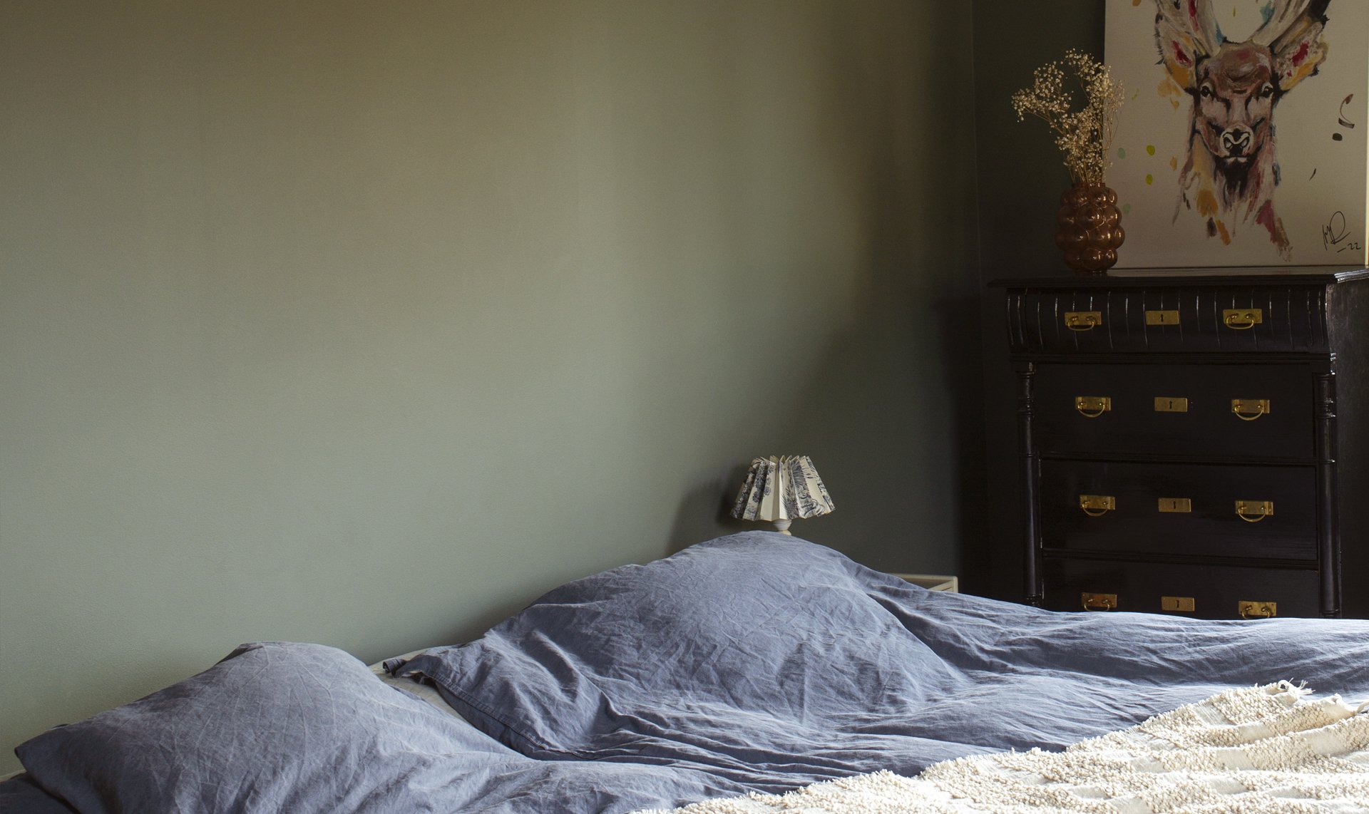 Bedroom with green walls and blue bedding