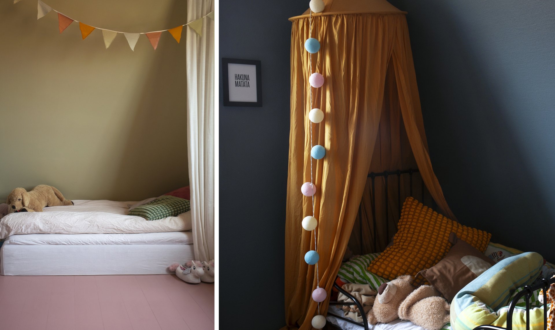 Side by side images of two sleeping areas for children